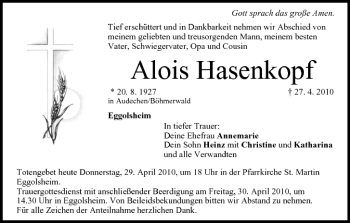 Anzeige von Alois Hasenkopf von MGO