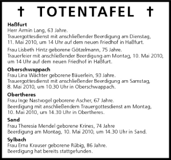 Anzeige von Totentafel vom 08.05.2010 von MGO