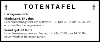 Anzeige von Totentafel vom 11.05.2010 von MGO