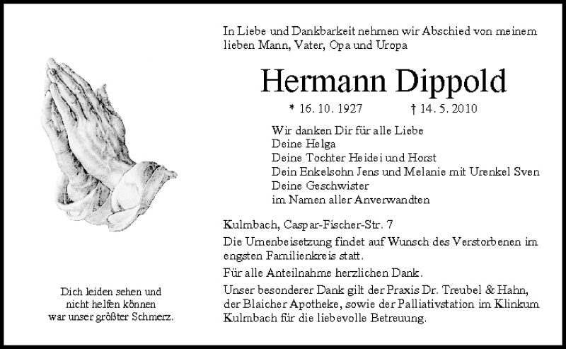  Traueranzeige für Hermann Dippold vom 22.05.2010 aus MGO