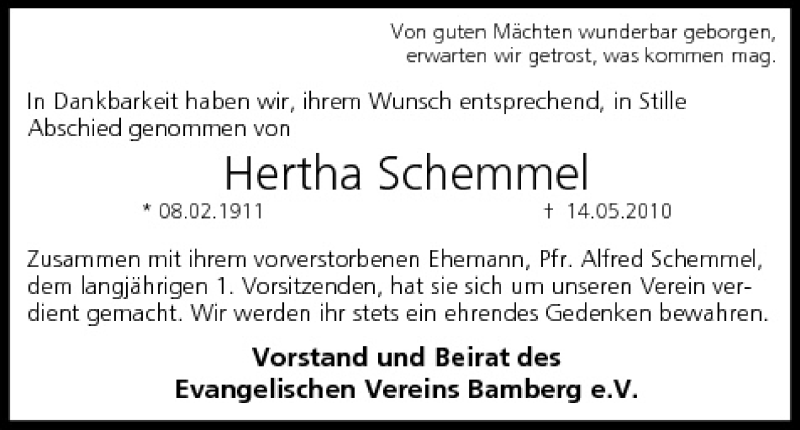  Traueranzeige für Hertha Schemmel vom 22.05.2010 aus MGO