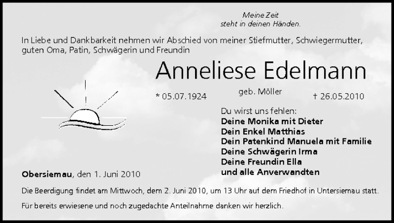  Traueranzeige für Anneliese Edelmann vom 01.06.2010 aus MGO