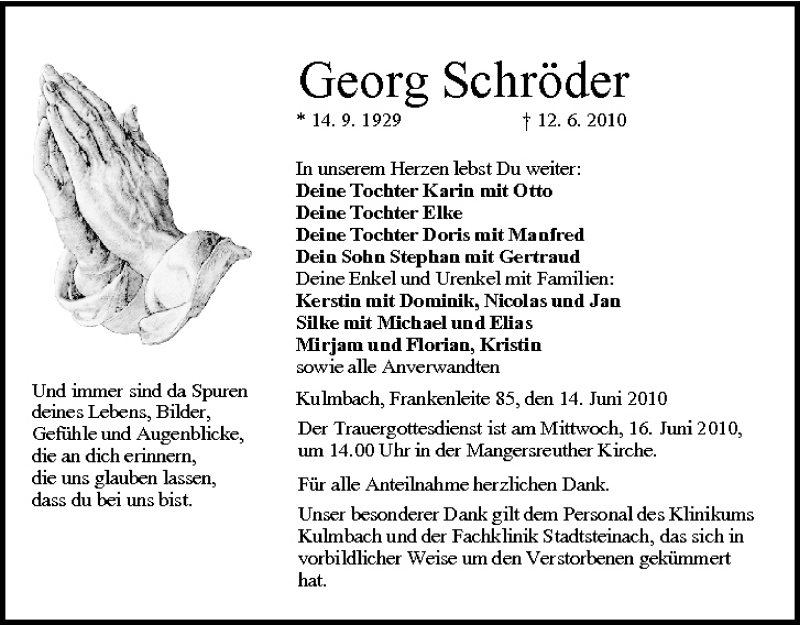  Traueranzeige für Georg Schröder vom 14.06.2010 aus MGO