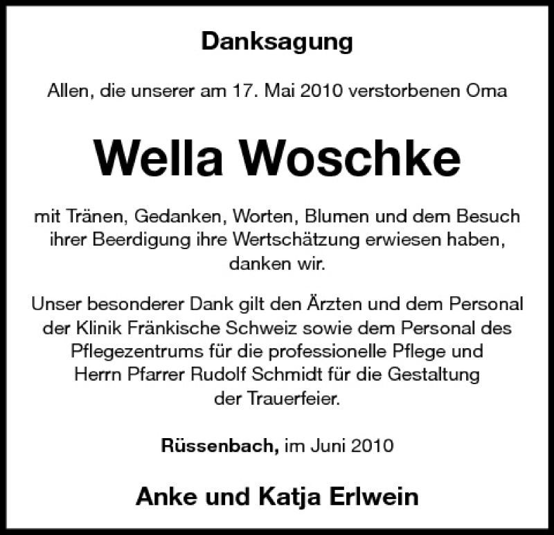 Wella Woschke | Traueranzeige | trauer.inFranken.de