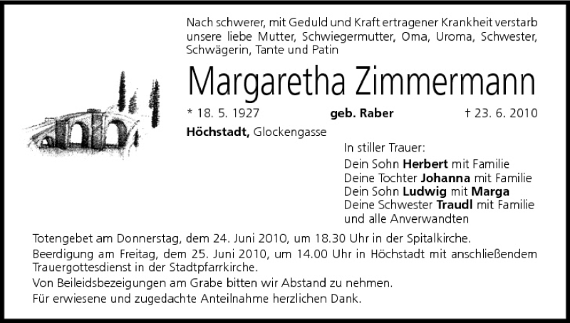  Traueranzeige für Margaretha Zimmermann vom 24.06.2010 aus MGO