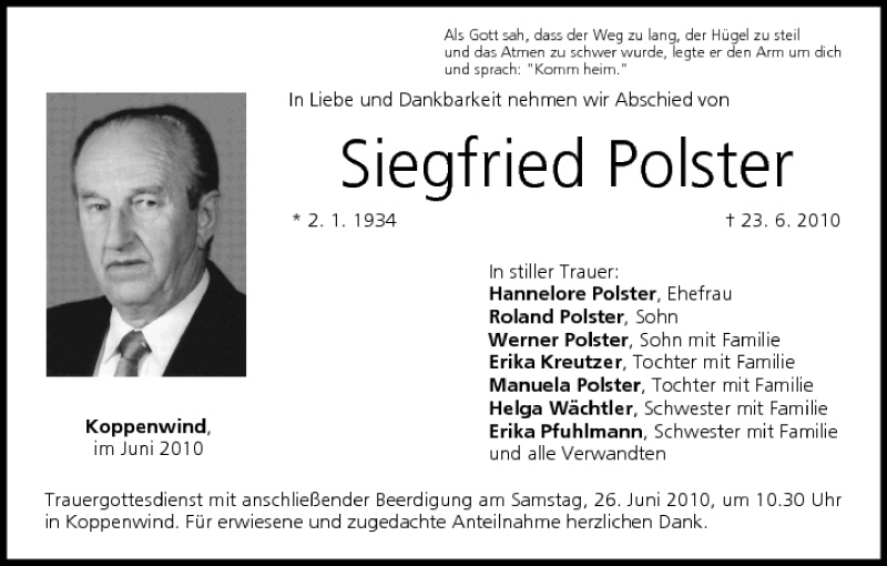  Traueranzeige für Siegfried Polster vom 25.06.2010 aus MGO