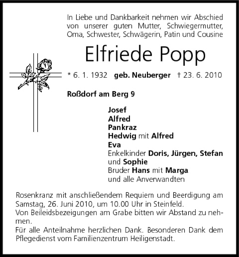  Traueranzeige für Elfriede Popp vom 25.06.2010 aus MGO