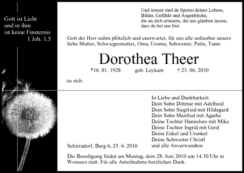  Traueranzeige für Dorothea Theer vom 25.06.2010 aus MGO