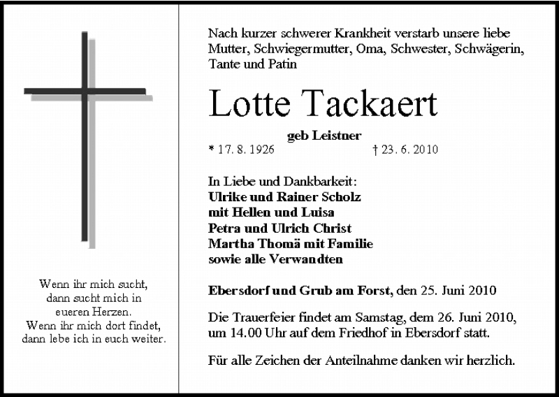  Traueranzeige für Lotte Tackaert vom 25.06.2010 aus MGO