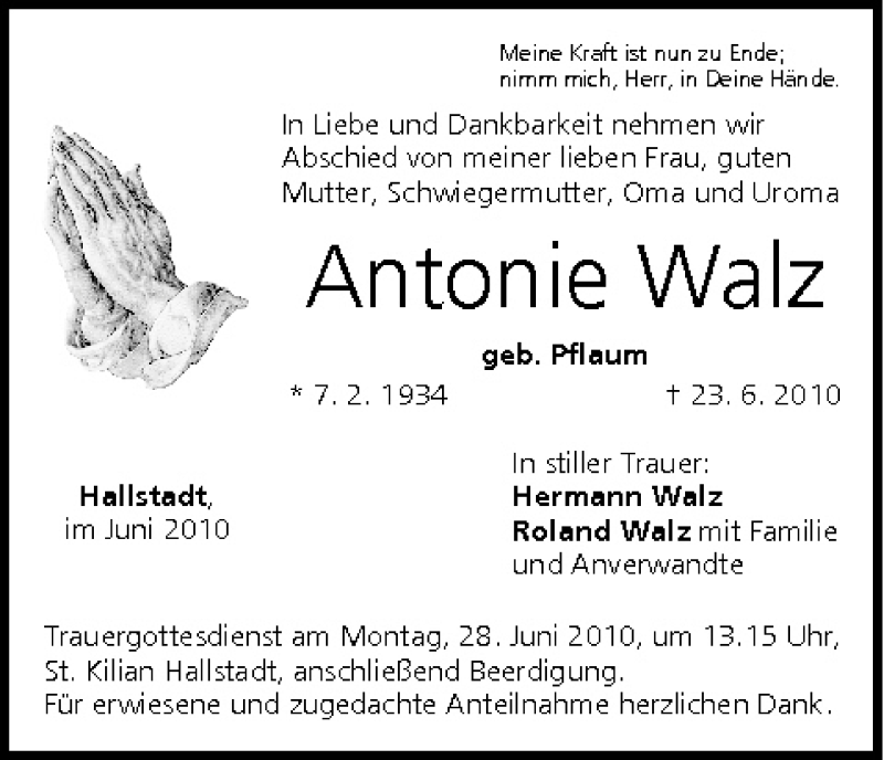  Traueranzeige für Antonie Walz vom 25.06.2010 aus MGO