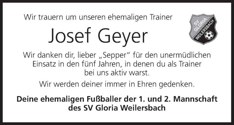  Traueranzeige für Josef Geyer vom 11.04.2015 aus MGO