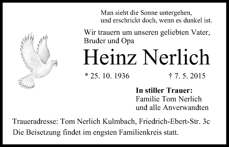  Traueranzeige für Heinz Nerlich vom 09.05.2015 aus MGO