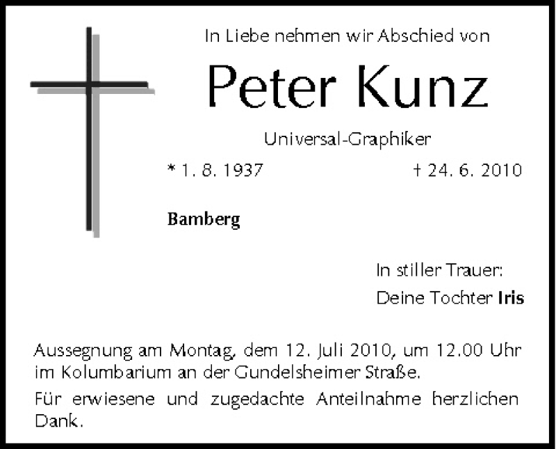 Peter Kunz Traueranzeige Trauer Infranken De