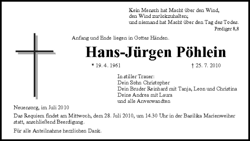  Traueranzeige für Hans-Jürgen Pöhlein vom 27.07.2010 aus MGO