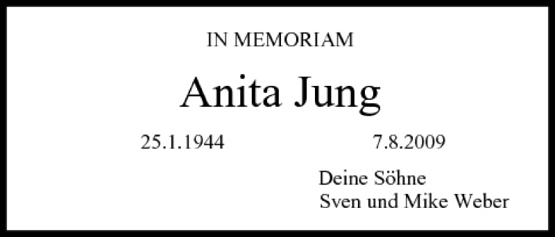  Traueranzeige für Anita Jung vom 07.08.2010 aus MGO