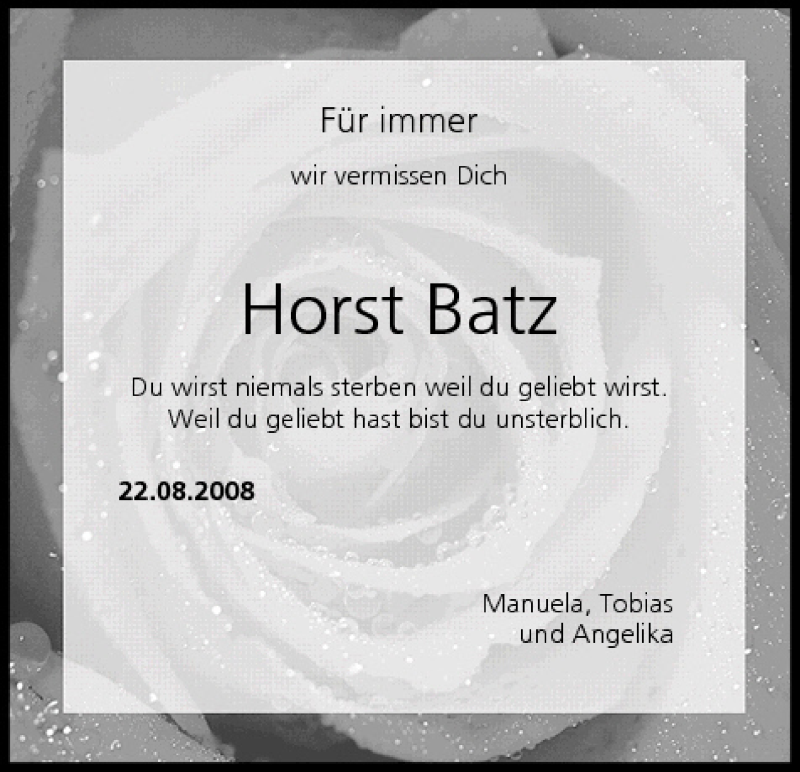  Traueranzeige für Horst Batz vom 21.08.2010 aus MGO