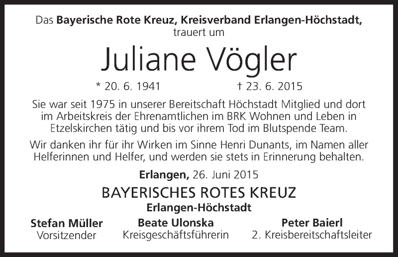  Traueranzeige für Juliane Vögler vom 26.06.2015 aus MGO