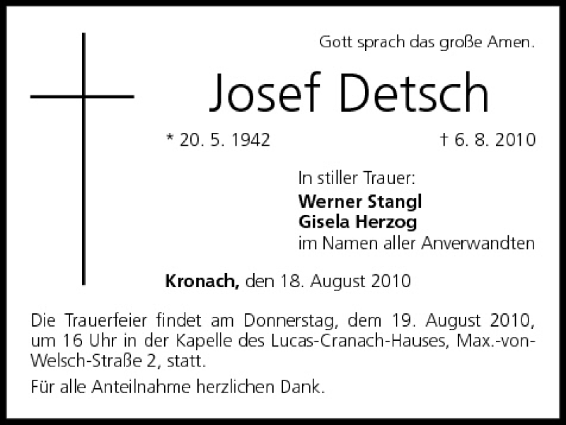  Traueranzeige für Josef Detsch vom 18.08.2010 aus MGO