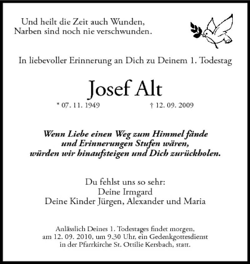  Traueranzeige für Josef Alt vom 11.09.2010 aus MGO