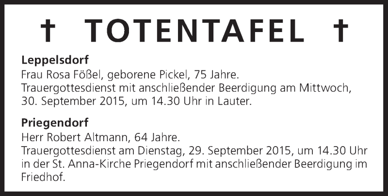  Traueranzeige für Totentafel vom 29.09.2015 vom 29.09.2015 aus MGO