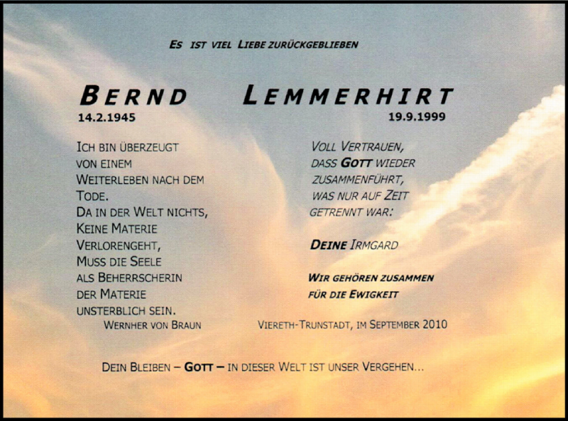  Traueranzeige für Bernd Lemmerhirt vom 18.09.2010 aus MGO