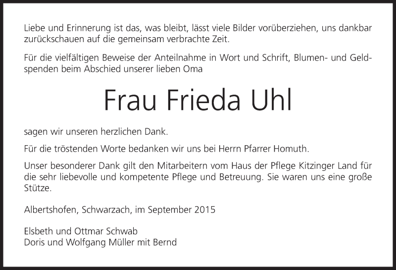  Traueranzeige für Frieda Uhl vom 12.09.2015 aus MGO