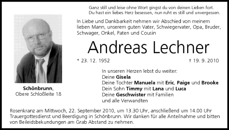 Traueranzeige für Andreas Lechner vom 21.09.2010 aus MGO