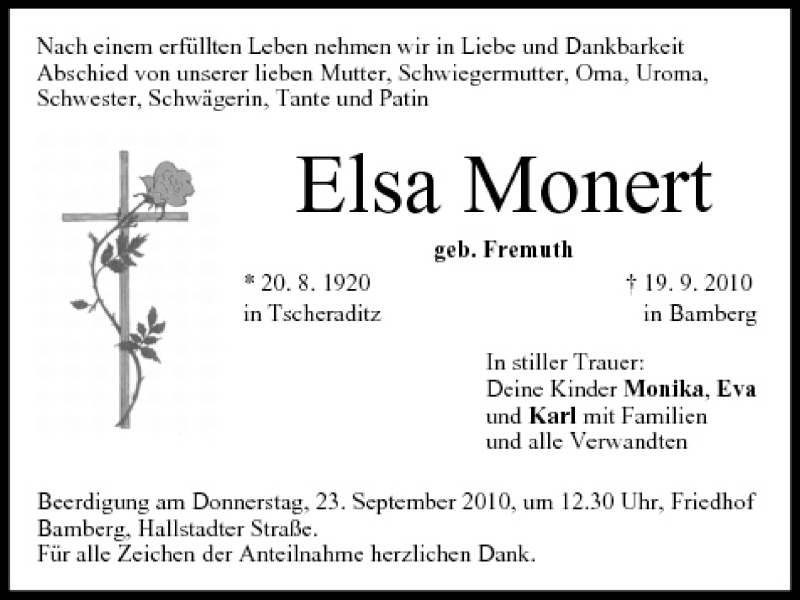  Traueranzeige für Elsa Monert vom 21.09.2010 aus MGO