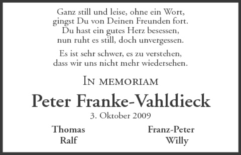  Traueranzeige für Peter Franke-Vahldieck vom 02.10.2010 aus MGO