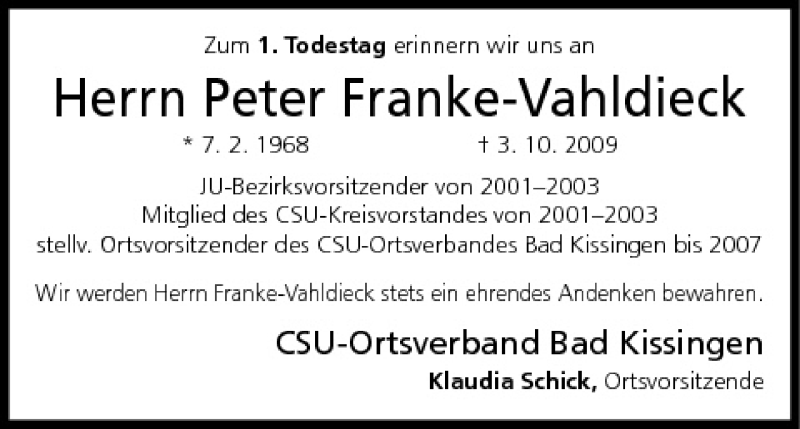  Traueranzeige für Peter Franke-Vahldieck vom 04.10.2010 aus MGO