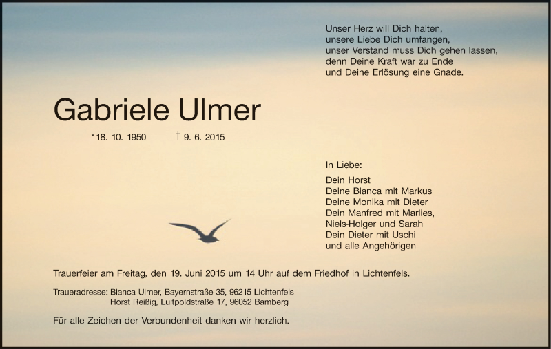  Traueranzeige für Gabriele Ulmer vom 13.06.2015 aus MGO