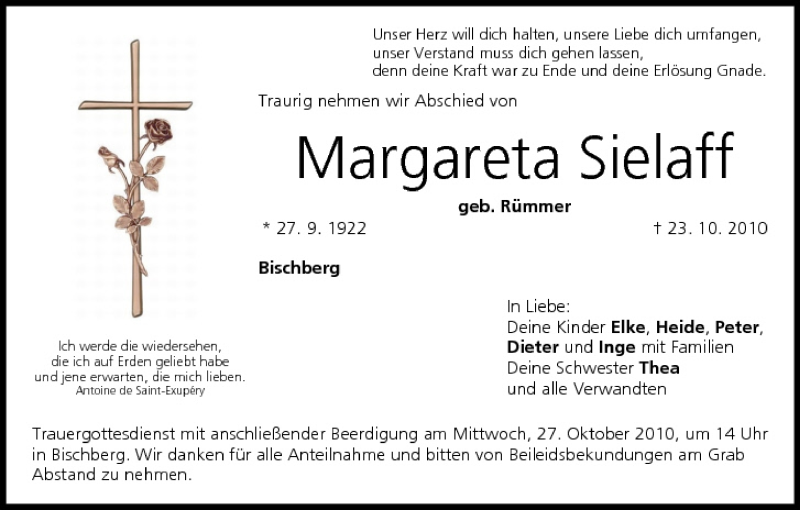  Traueranzeige für Margareta Sielaff vom 25.10.2010 aus MGO