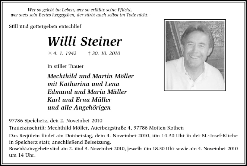 Willi Steiner | Traueranzeige | trauer.inFranken.de