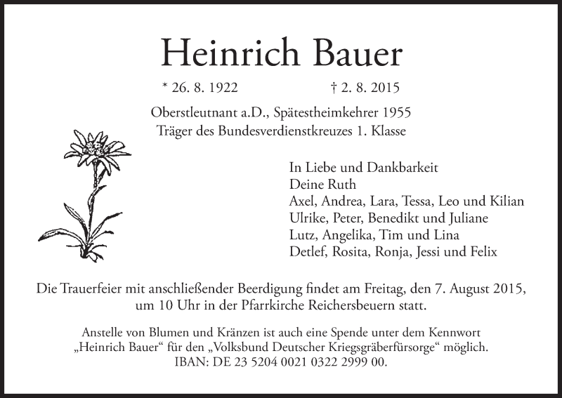  Traueranzeige für Heinrich Bauer vom 05.08.2015 aus MGO