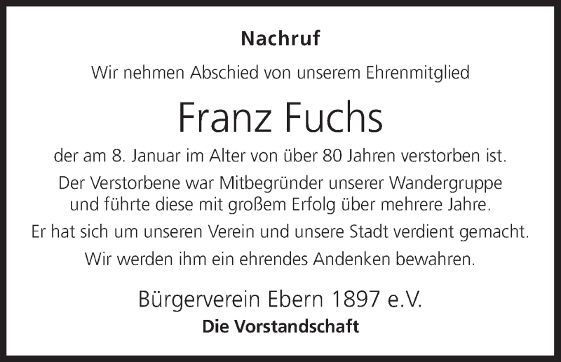  Traueranzeige für Franz Fuchs vom 17.01.2015 aus MGO