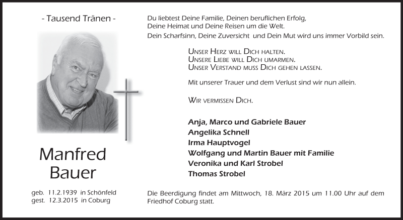  Traueranzeige für Manfred Bauer vom 14.03.2015 aus MGO