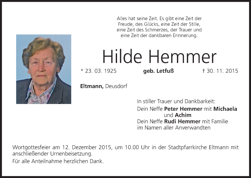  Traueranzeige für Hilde Hemmer vom 10.12.2015 aus MGO