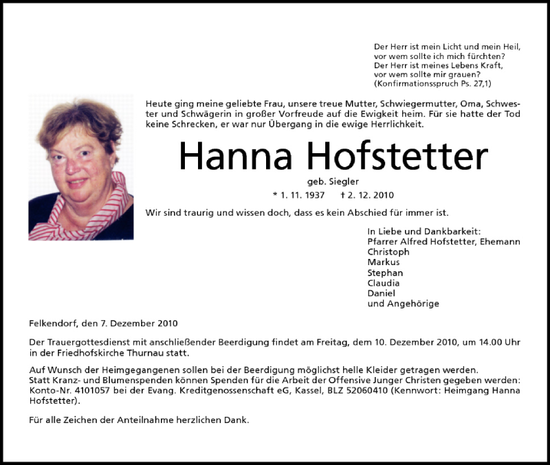  Traueranzeige für Hanna Hofstetter vom 07.12.2010 aus MGO