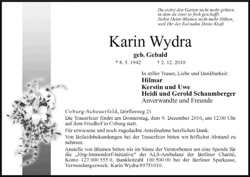  Traueranzeige für Karin Wydra vom 07.12.2010 aus MGO