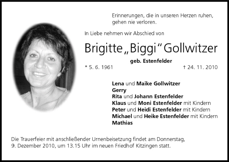  Traueranzeige für Brigitte Gollwitzer vom 08.12.2010 aus MGO