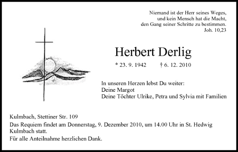  Traueranzeige für Herbert Derlig vom 08.12.2010 aus MGO