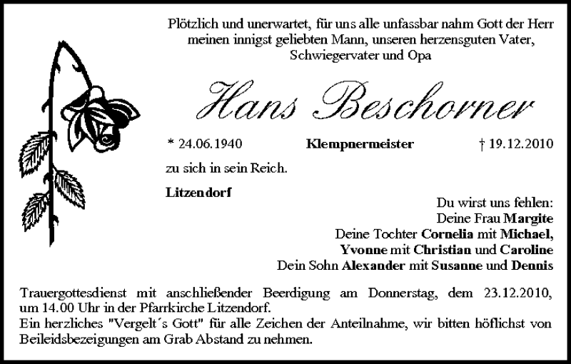  Traueranzeige für Hans Beschorner vom 22.12.2010 aus MGO