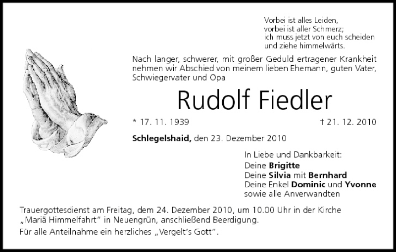  Traueranzeige für Rudolf Fiedler vom 23.12.2010 aus MGO