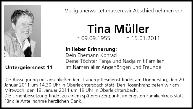  Traueranzeige für Tina Müller vom 18.01.2011 aus MGO