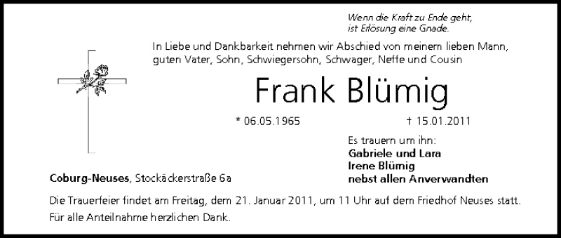  Traueranzeige für Frank Blümig vom 18.01.2011 aus MGO