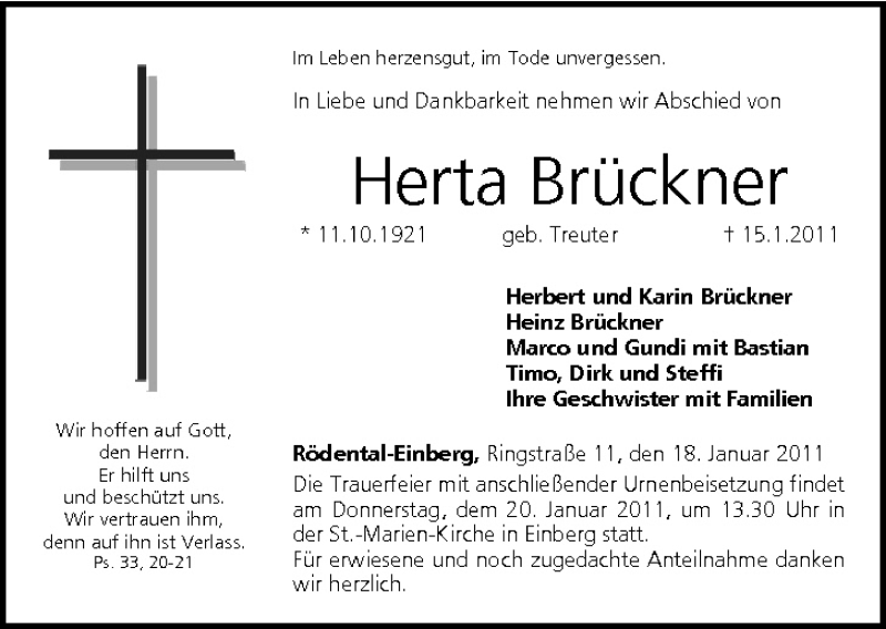  Traueranzeige für Herta Brückner vom 18.01.2011 aus MGO