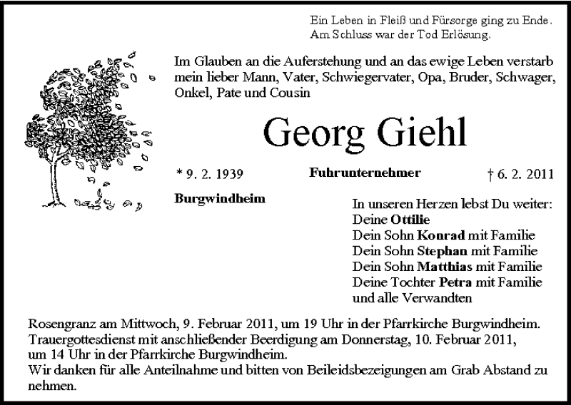  Traueranzeige für Georg Giehl vom 08.02.2011 aus MGO