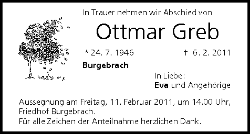  Traueranzeige für Ottmar Greb vom 08.02.2011 aus MGO