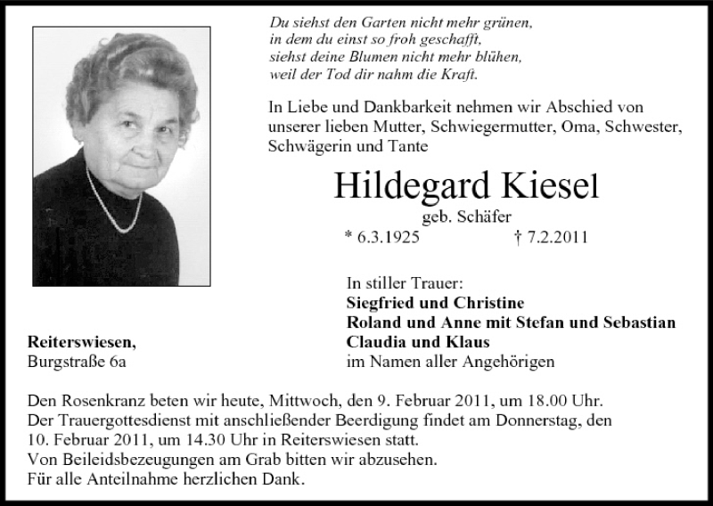  Traueranzeige für Hildegard Kiesel vom 09.02.2011 aus MGO