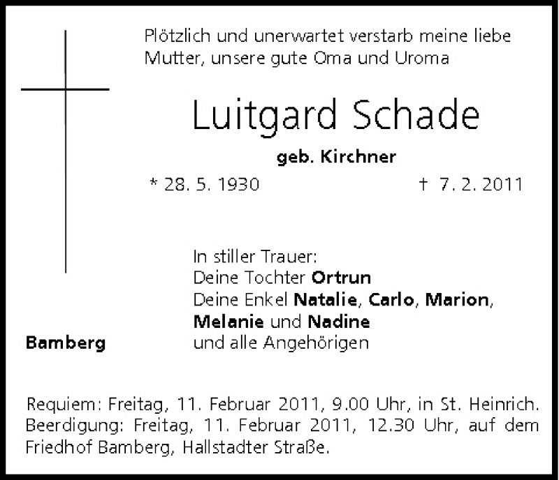  Traueranzeige für Luitgard Schade vom 09.02.2011 aus MGO